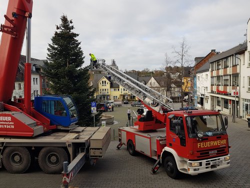 Mitarbeiter des städtischen Bauhofs stellen 2020 den Weihnachtsbaum auf dem Untermarkt 